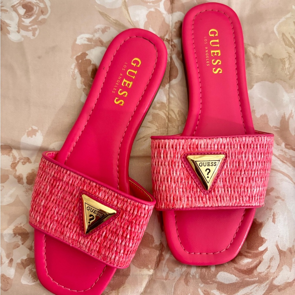 GUESS Hot Pink Woven Slide Sandals with Gold Triangle Logo